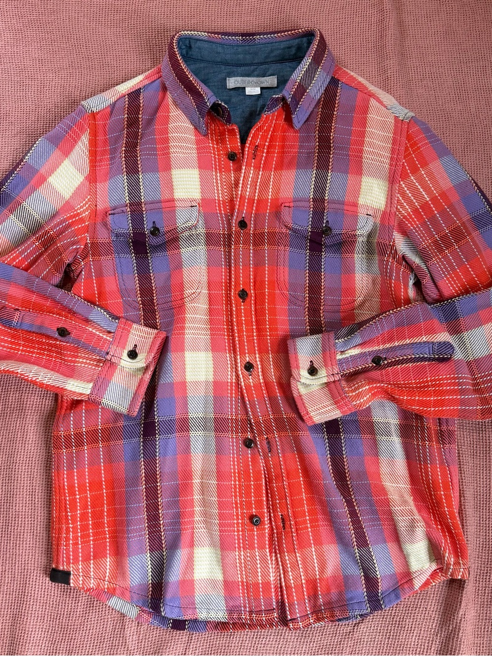 Outerknown pink and Purple Plaid Button-Down Shacket